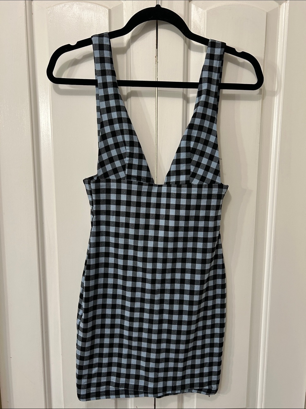 Fashion NOVA V-Neck Gingham Mini Dress in Blue and Black Checker Print
